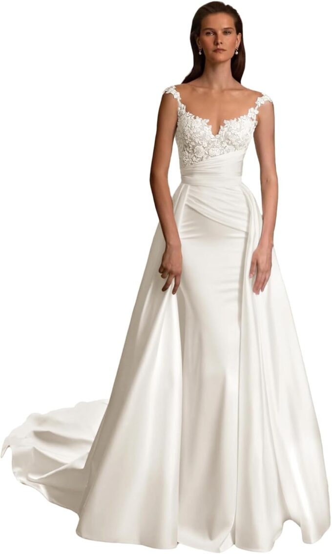 Mermaid Wedding Dresses for Bride 2025 Satin V Neck Lace Appliques Bridal Gowns with Train