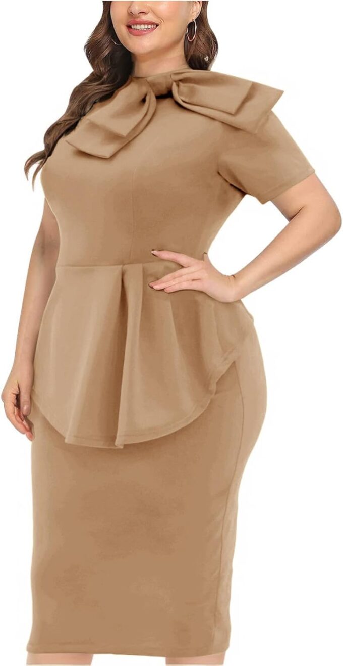 Plus Size Dress for Curvy Women Semi Formal Cocktail Party Midi Dress Bodycon Short Sleeve Bow Ruffle Pencil Dresses – Bild 2