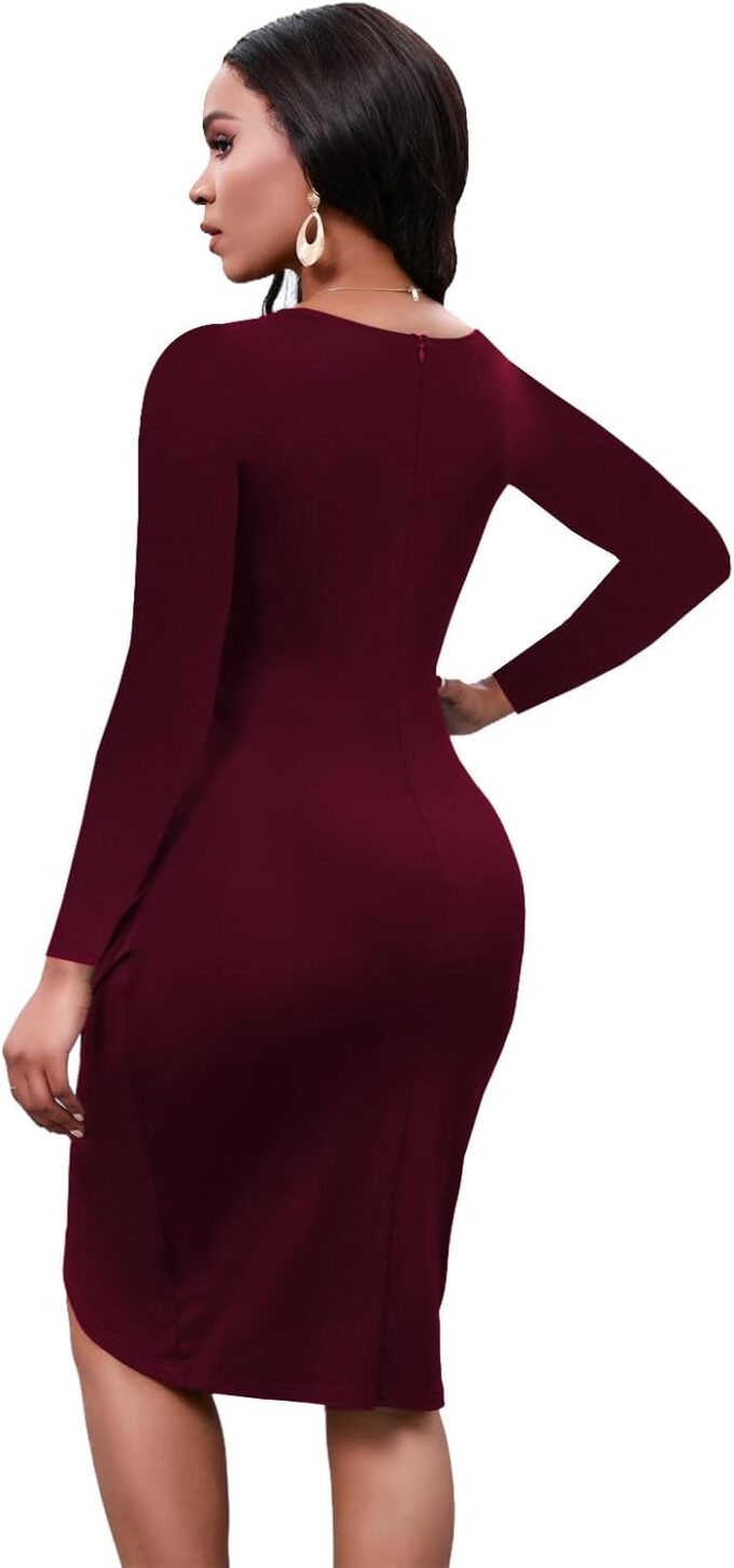 Women's Long Sleeve Wedding Guest Dress 2025 Sexy V Neck Wrap Ruched Bodycon Party Work Midi Dresses – Bild 3