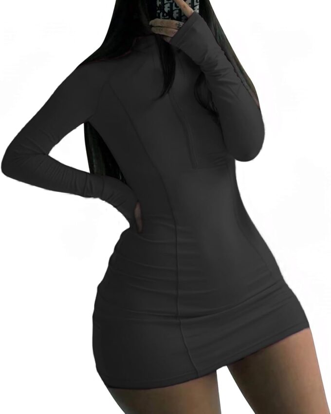 Front Zipper Bodycon Dress Party Long-Sleeve Club Dresses – Bild 6