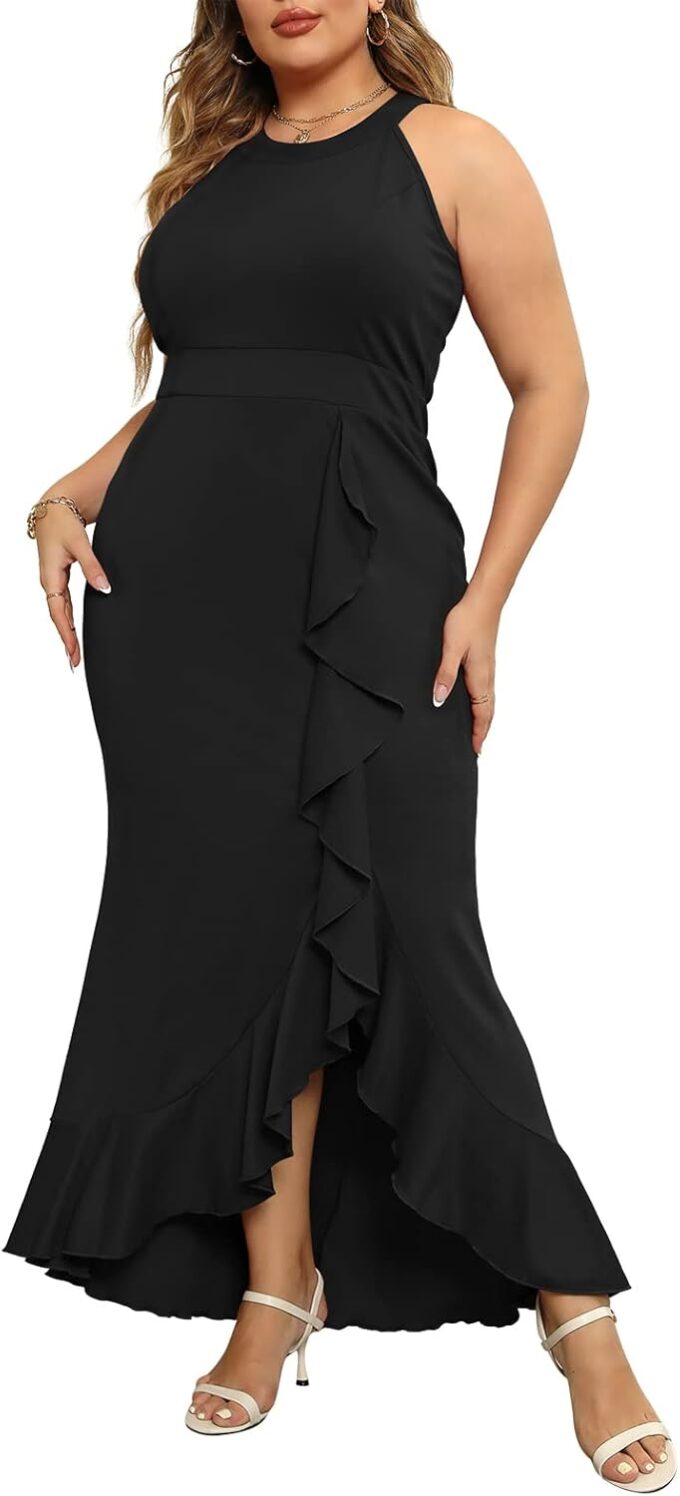 Keluummi Plus Size Formal Wedding Guest Long Dresses for Curvy Women, Halter Neck Empire Waist Mermaid Maxi Cocktail Dress