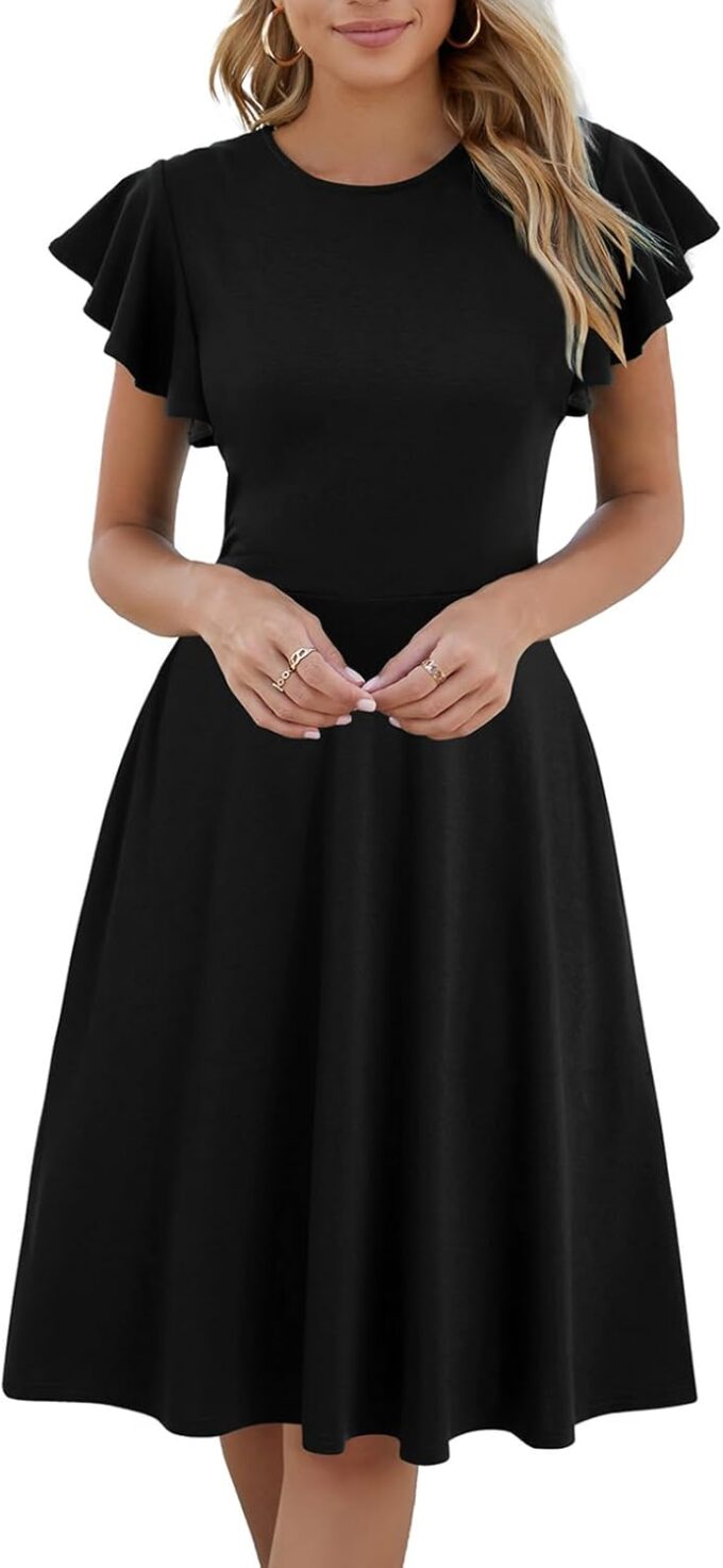 MSLG Women's Fit and Flare Ruffle Short Sleeves Dresses Work V-Back Cocktail Semi Formal A Line Dress with Pockets 842