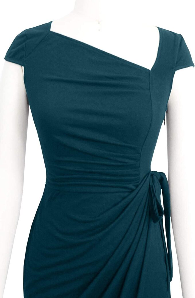 Women's Vintage Cap Sleeves Asymmetrical Neckline Sheath Bodycon Casual Work Cocktail Party Pencil Faux Wrap Dresses – Bild 3