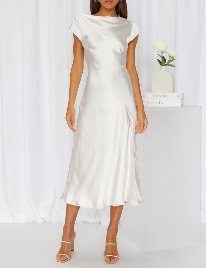 Women's Summer Satin Elegance Backless Twist Cap Sleeves Midi Dress 2025 Sexy Cowl Neck Slit Cocktail Wedding Guest Dresses – Bild 3