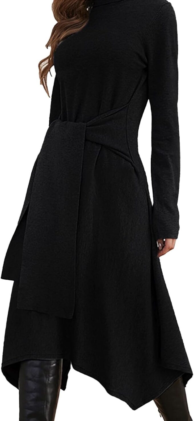 Jayscreate Damen-Pulloverkleid 2023, langärmelig, für Herbst und Winter, Midi-Kleid, zum Binden vorne, hohe Taille, Business-Kleid, Freizeitkleid – Bild 3