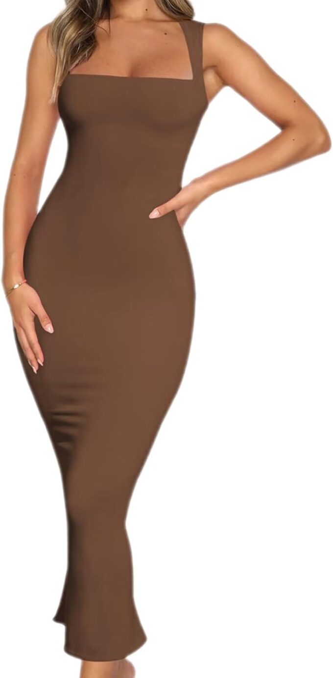 Women's Sexy Bodycon Midi Dress Summer Sleeveless Square Neck Slim Fit Back Slit Long Party Club Dresses
