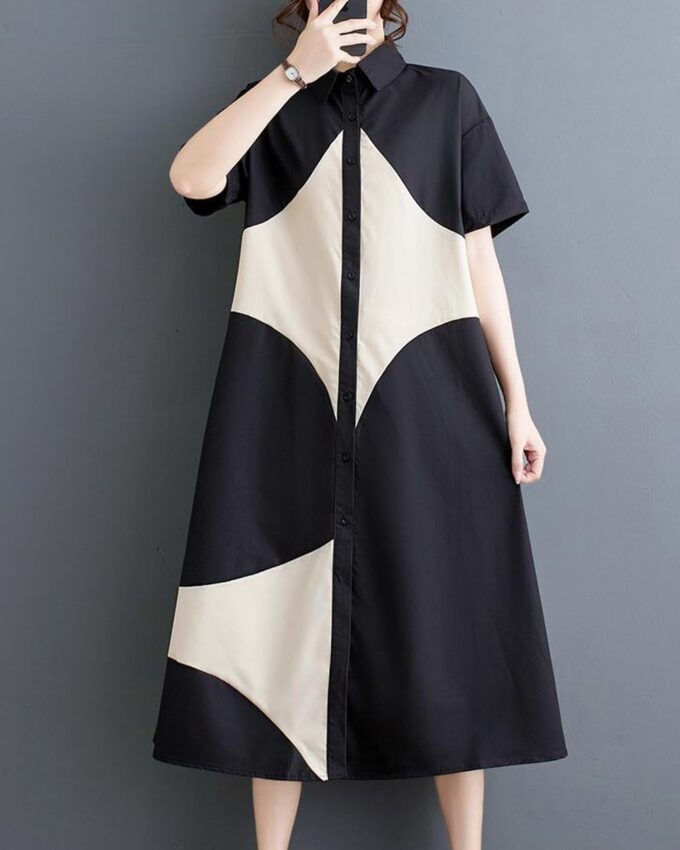 ellazhu Women's Short Sleeves Color Block Midi Length Button Down Shirt Dress GZ191 A – Bild 4