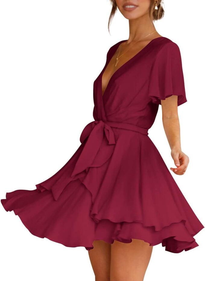 Cosonsen Women's Dress Deep V-Neck Long Sleeve Waist Tie Ruffle Mini Swing Skater Dresses – Bild 2