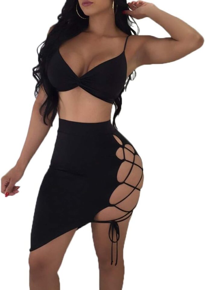 Women's Sexy Sleeveless Bodycon Club Mini Dress 2024 Summer Spaghetti Strap Cut Out Two Piece Skirt Sets – Bild 5