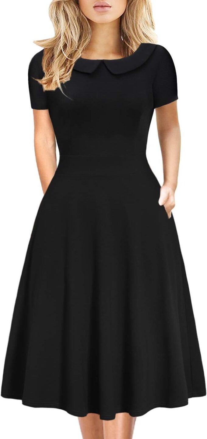Women's Elegant Vintage Dresses Knee Length Casual Floral Print Work Party Peter Pan Collar A-Line Dress with Pockets 978
