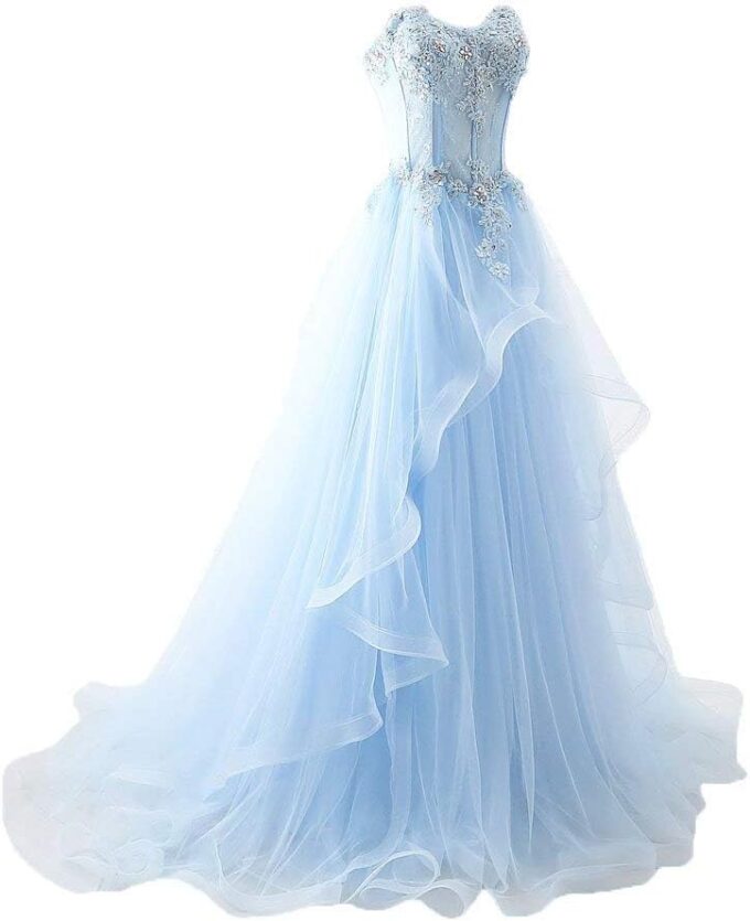 Women's Sheer Waist Fishbone Symmetrical Peplum Long Prom Dress
