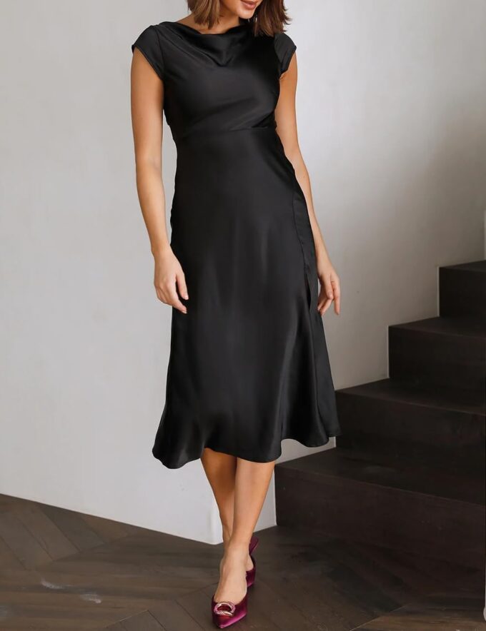 Women's Summer Satin Elegance Backless Twist Cap Sleeves Midi Dress 2025 Sexy Cowl Neck Slit Cocktail Wedding Guest Dresses – Bild 3