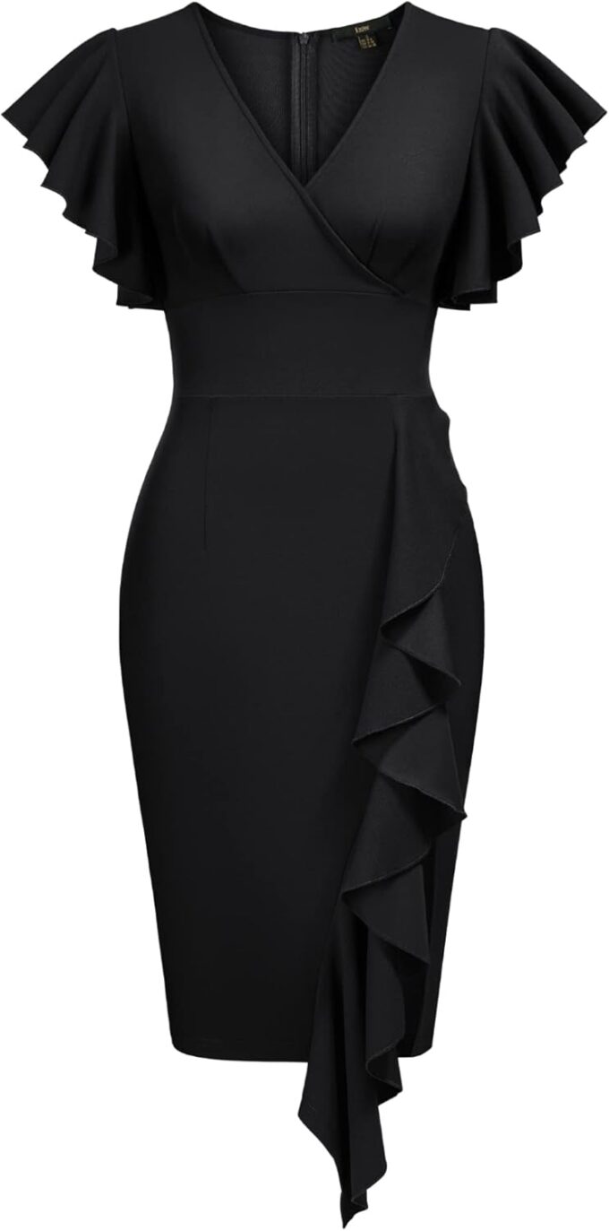 Knitee Women's Deep-V Neck Ruffle Sleeves Cocktail Party Pencil Slit Formal Dress – Bild 5