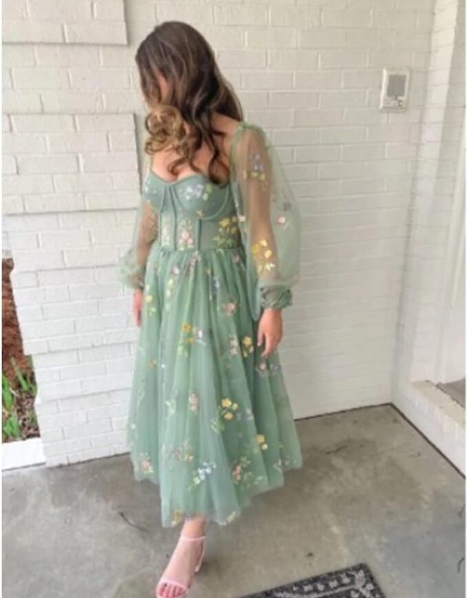 Flower Embroidery Prom Dresses Puffy Sleeve A-line Tulle Evening Party Gowns 2023 Tea Length for Women Formal Long Sleeve Green M – Bild 6