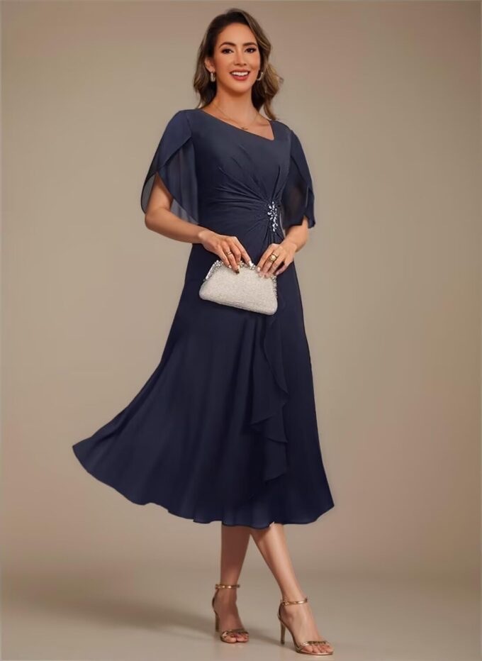 Asymmetrical Neck Mother of The Bride Dresses 2025 for Wedding Chiffon Short Flutter Sleeve Formal Evening Gown PU268 – Bild 2
