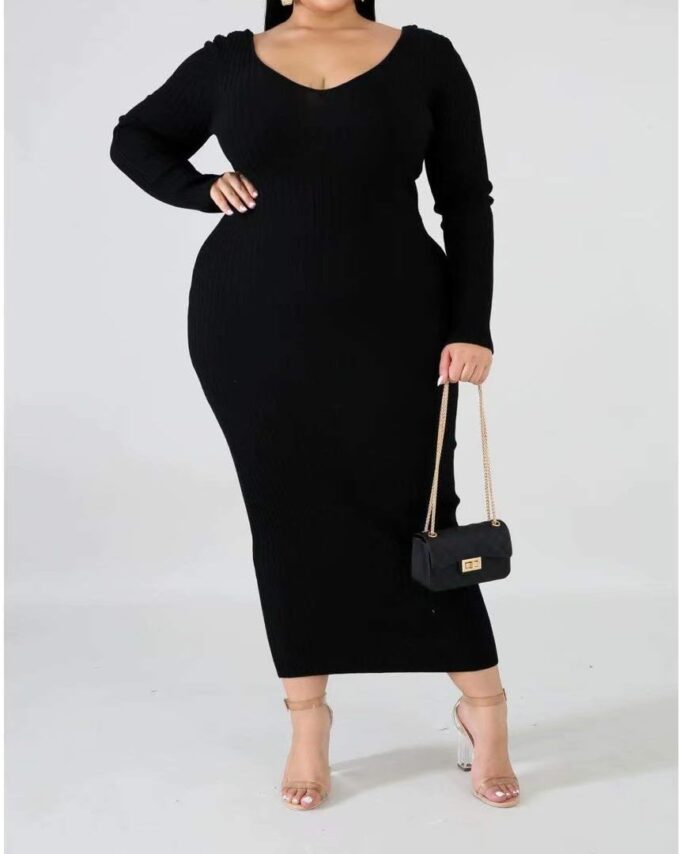 Women's Plus Size Sexy Stretchable Long Sleeve Maxi Sweater Off Shoulder Knit Slim Fit Dress – Bild 2