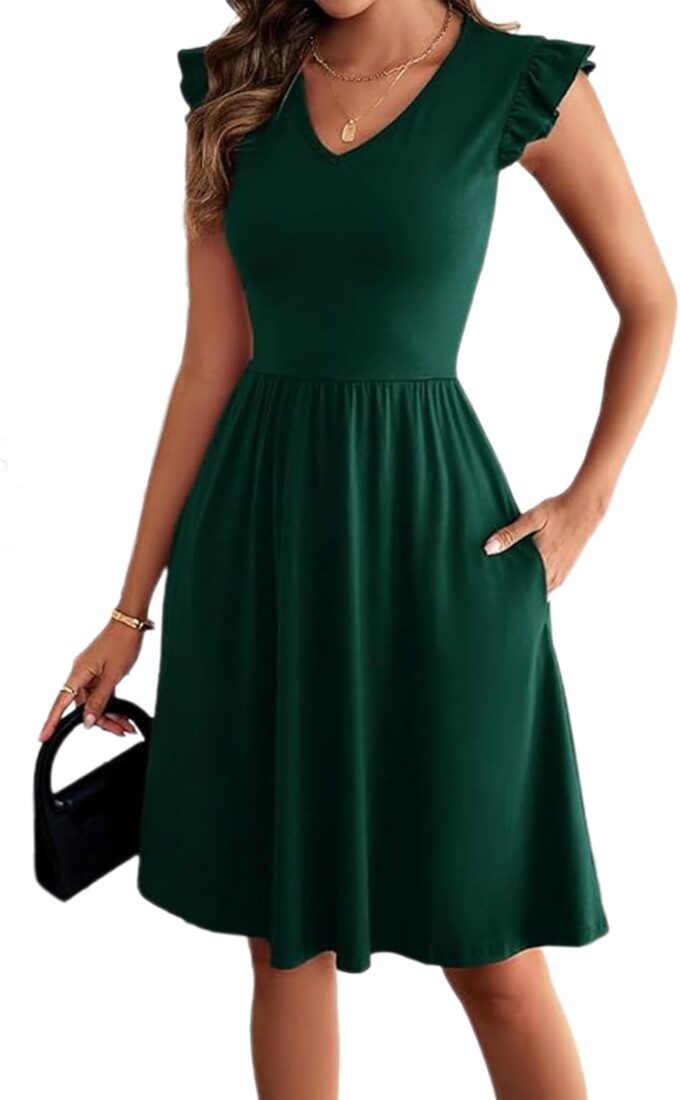 BARASA Damen Sommerkleider V-Ausschnitt Rüschen Ärmellos Sommerkleid A-Linie Knielang Kleid Cocktail Party mit Taschen D648