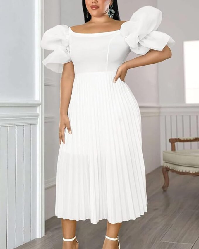 ONTINVA Women's Boat Neck Puff Short Lantern Sleeves High Waist White Dress Pleated Cocktail Party Dresses Gown – Bild 2