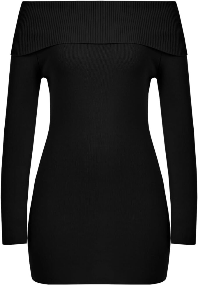 Wenrine Womens Off The Shoulder Sweater Dress Casual Ribbed Knit Long Sleeve Bodycon 2025 Fall Party Mini Dresses – Bild 2