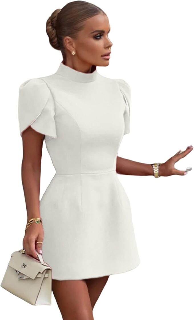 AMPOSSTO Women's Elegant Bow Backless Hollow Out Mini Dress Turtleneck Short Sleeve Pad Shoulder Dresses for Party Cocktail – Bild 4