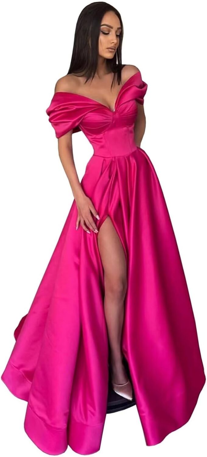 Women's Off The Shoulder Satin Prom Dress with Pockets Long Backless A-Line Formal Evening Gowns with Slit – Bild 6