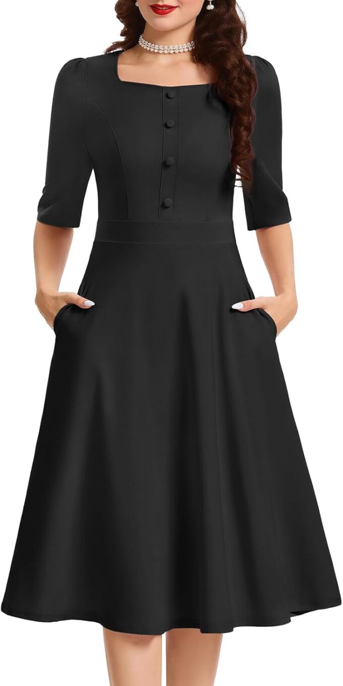 Bbonlinedress Vintage Cocktail Dress Women Formal Wedding Guest Church Modest Square Neck Tea Dress with 3/4 Sleeve