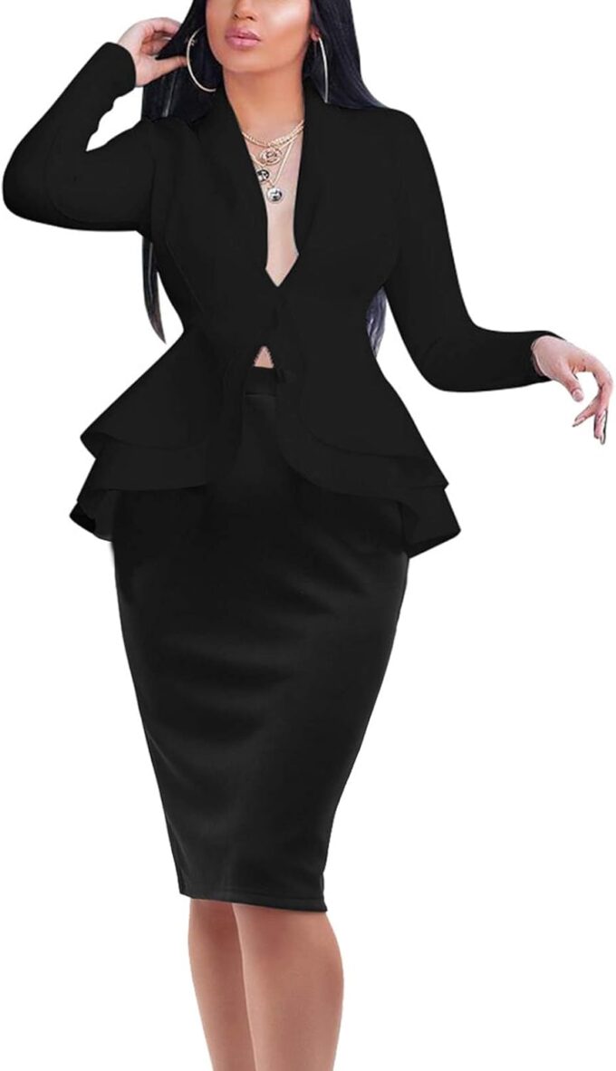 Two Piece Suit Sets Stretchy 2 Piece Outfits for Women Solid Blazer Jacket Skirts Sets