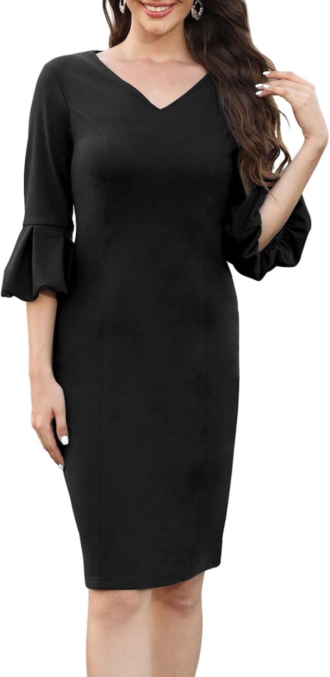 Damen Elegant Vintage Puffkleid Halbarm 50er V-Ausschnitt Casual Arbeitskleid Bodycon Bleistift Cocktailkleider 753