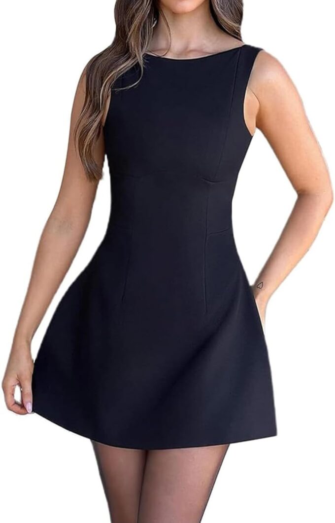 Women Sleeveless Mini Dress Summer Mock Neck Zipper Backless Slim A Line Dress Party Cocktail Bodycon Short Dresses