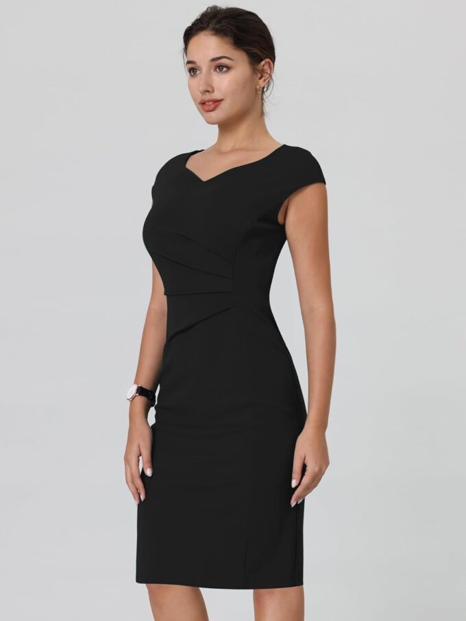 Hobemty Damen Etuikleid Plissee Seite Sweetheart Neck Büro Bleistift Kleider – Bild 2