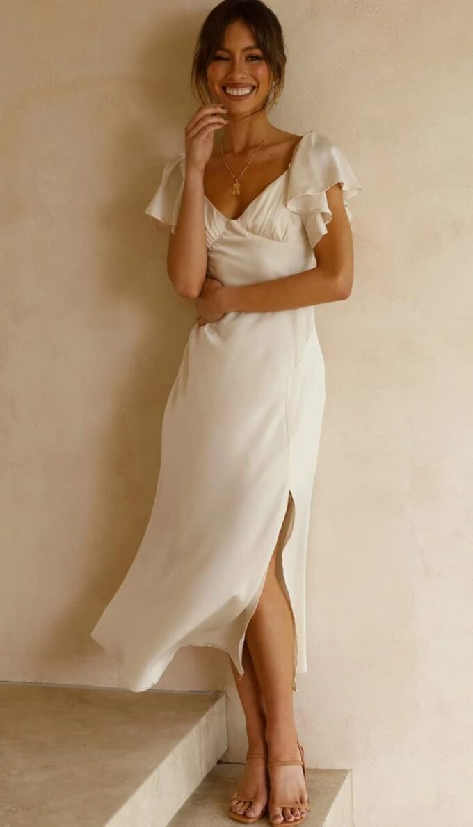 2025 Summer Women's Satin Off Shoulder Formal Dress Wedding Guest Elegant Butterfly Sleeve Split Cocktail Prom Midi Dresses – Bild 2