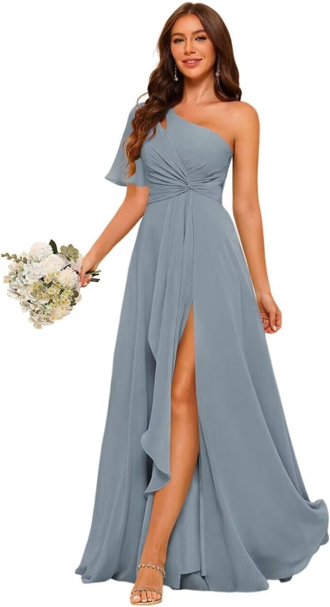 Women's Short Sleeves Chiffon Bridesmaid Dresses with Pockets 2025 Pleated Aline Formal Evening Dresses with Slit DE340