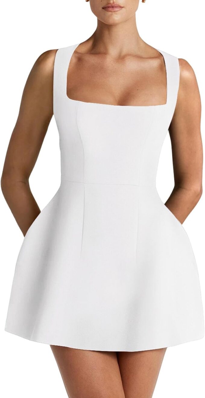 Women's A-Line Mini Dress Sleeveless Square Neck Graduation Party Short Dress