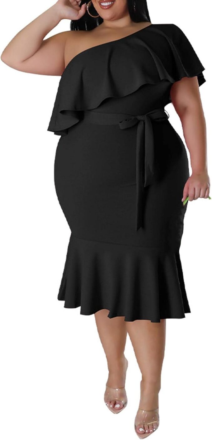 SOMTHRON Women's Plus Size One Shoulder Dresses Ruffle Short Sleeve Belted Bodycon Cocktail Party Midi Dress – Bild 5