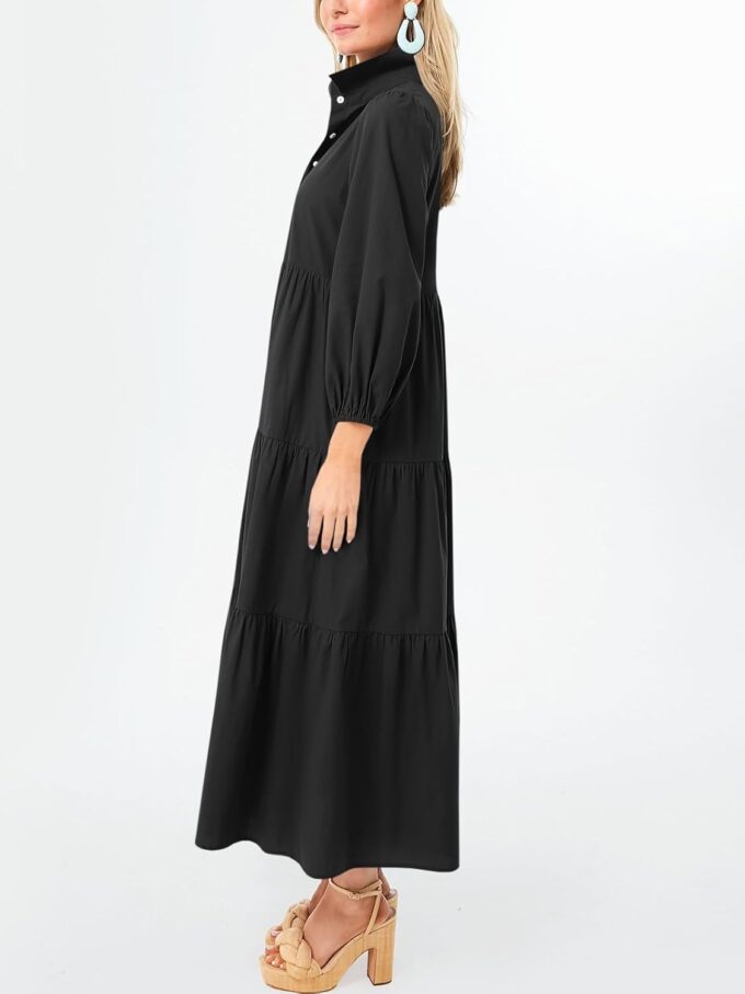 Wenrine Womens Casual 3/4 Sleeve Shirt Dress Button Down V Neck Tiered Collared Flowy Maxi Dress – Bild 4
