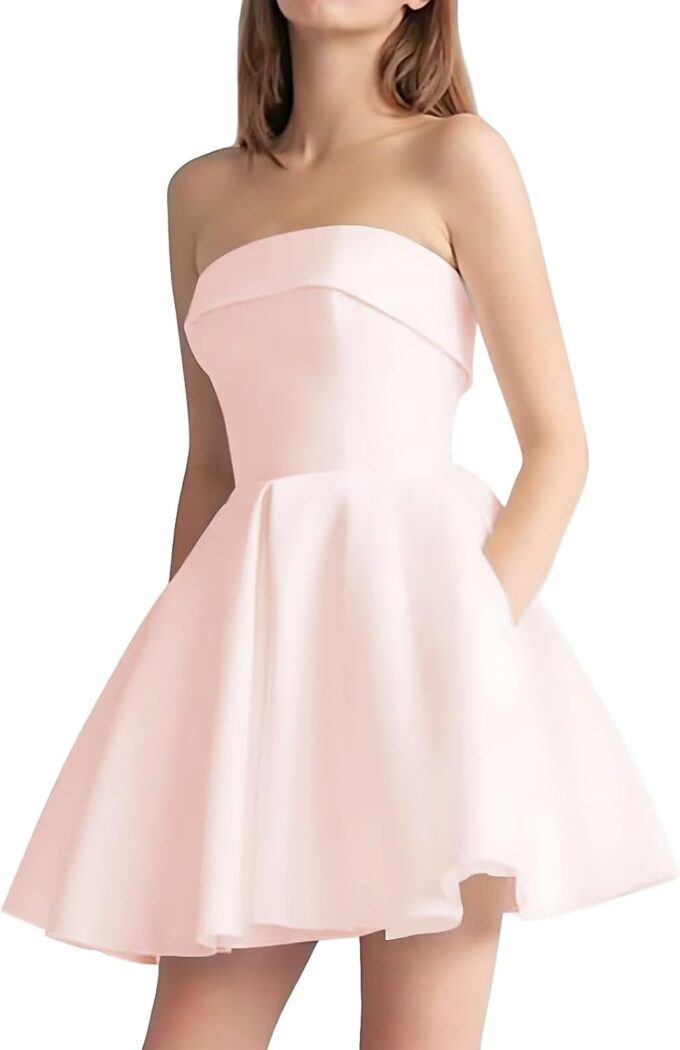 A Line Satin Homecoming Dresses 2025 Prom Dresses Short Strapless Formal Wedding Party Gown with Pockets