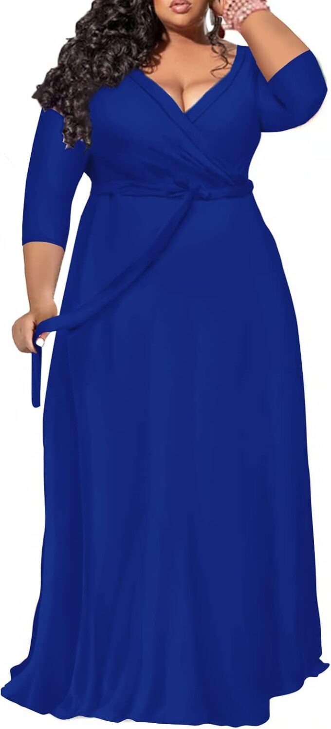 Plus Size Dress for Women - 3/4 Sleeve V-Neck Maxi Dress for Women with Belt and Pockets （2XL-6XL – Bild 2