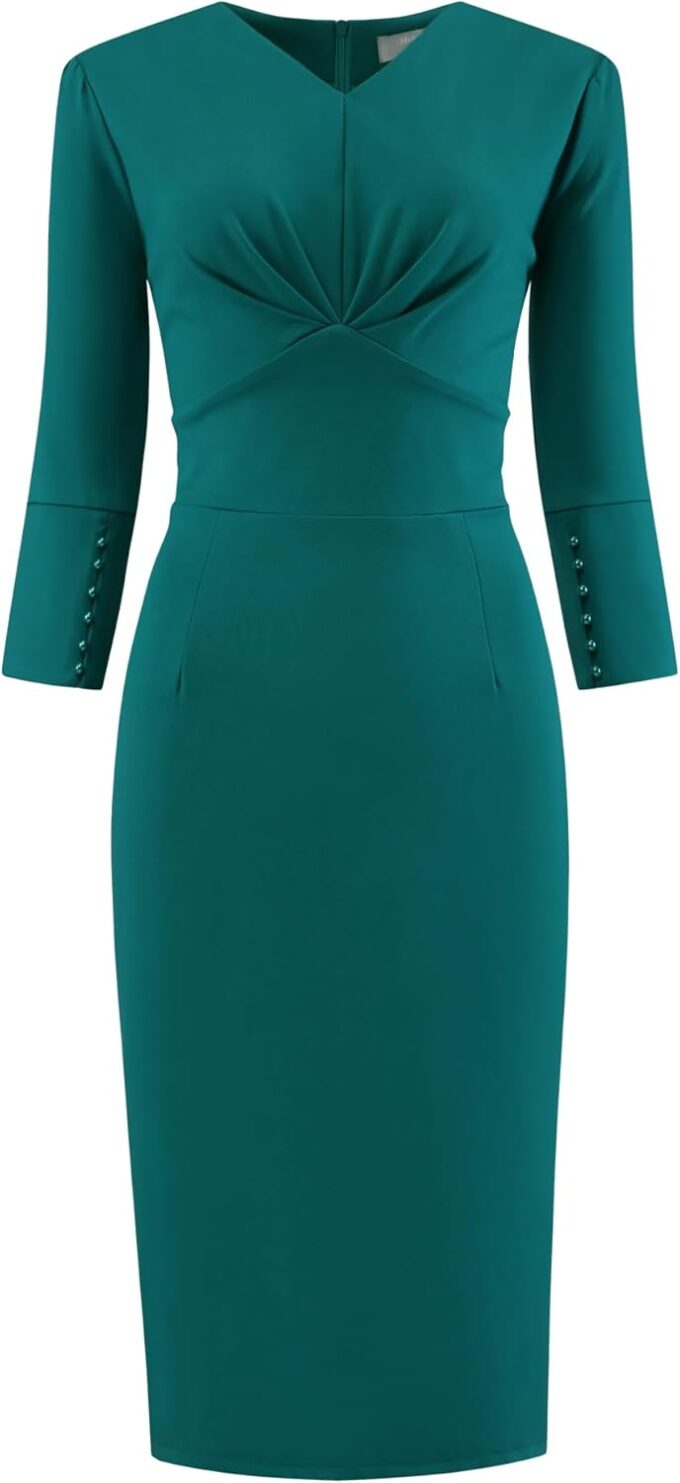 Hobemty Damen-Bleistiftkleid, 3/4-Ärmel, V-Ausschnitt, plissiert, vorne, Vintage-Stil, für die Arbeit