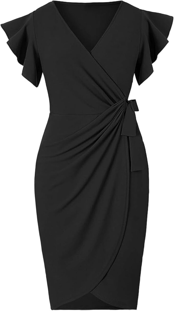 MinciLuxury Damen-Cocktailkleid 2024, Sommerkleid, Rüschenärmel, V-Ausschnitt, Party, Hochzeit, Gast, Wickelkleid – Bild 3