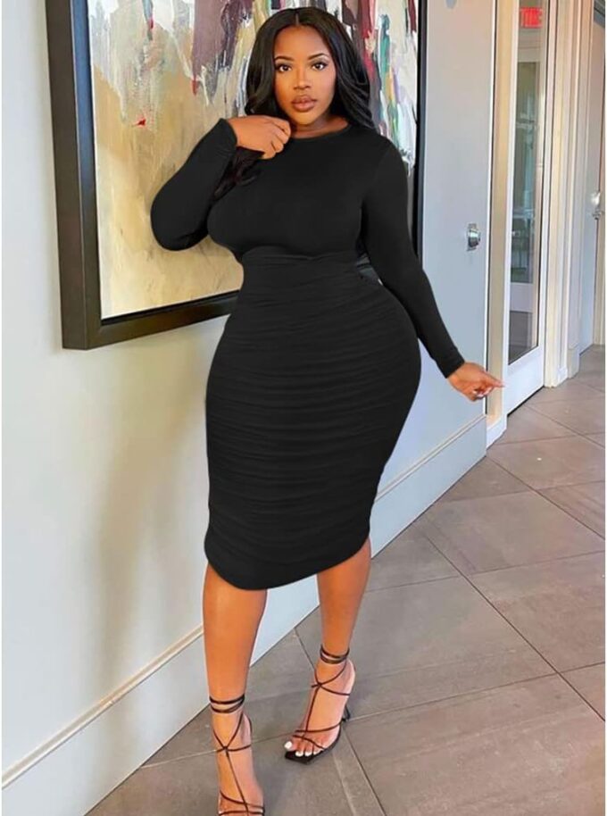 BEAGIMEG Women's Ruched Long Sleeve Elegant Bodycon Basic Casual Midi Dress – Bild 3
