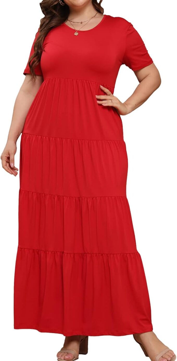 Women's Short Sleeve Ruffle Plus Size Maxi Dress Casual Loose Long Dresses