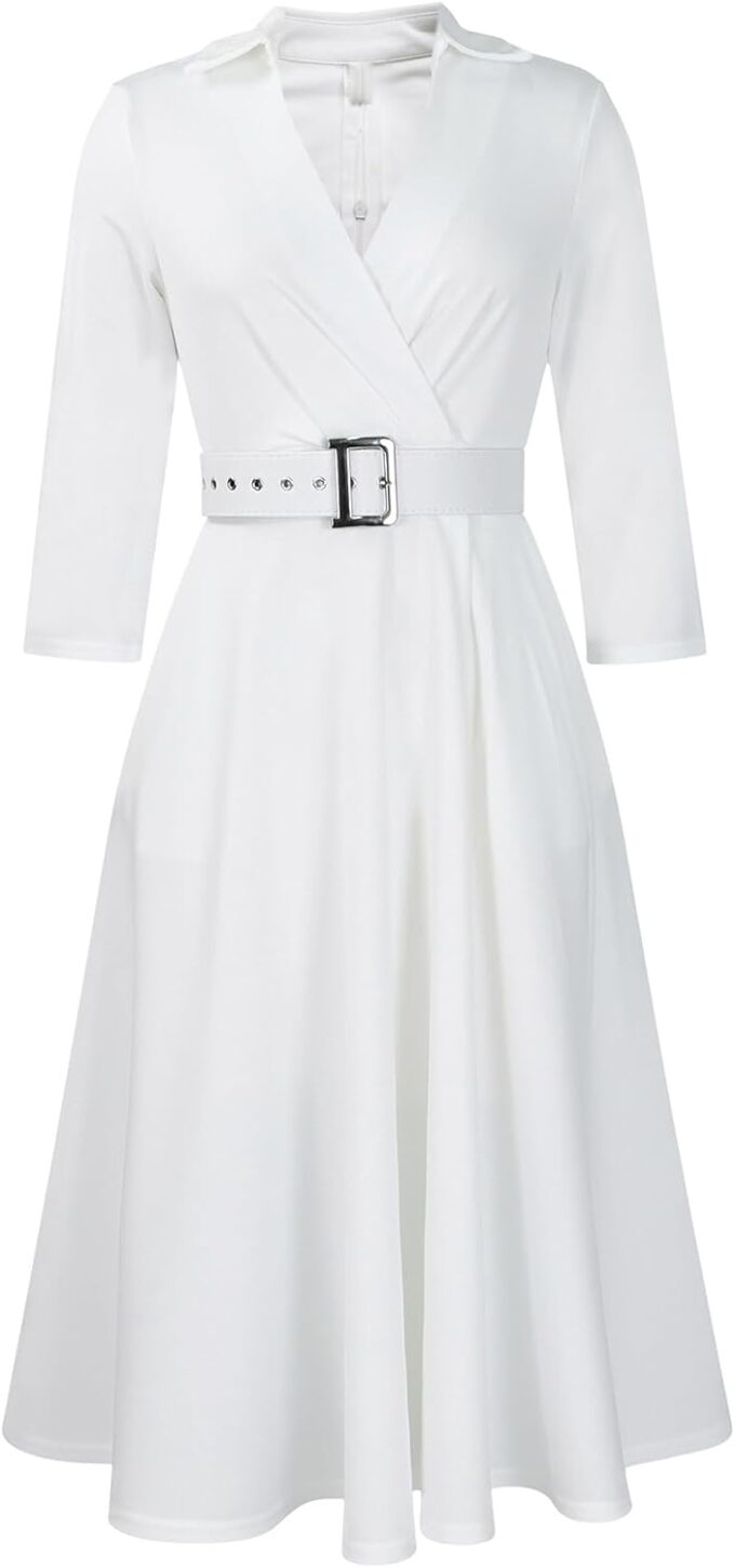 Elainone Women’s 3/4 Sleeve Flared A Line Dress Wedding Guest Casual Semi Formal Office Lady Dresses with Belt – Bild 5