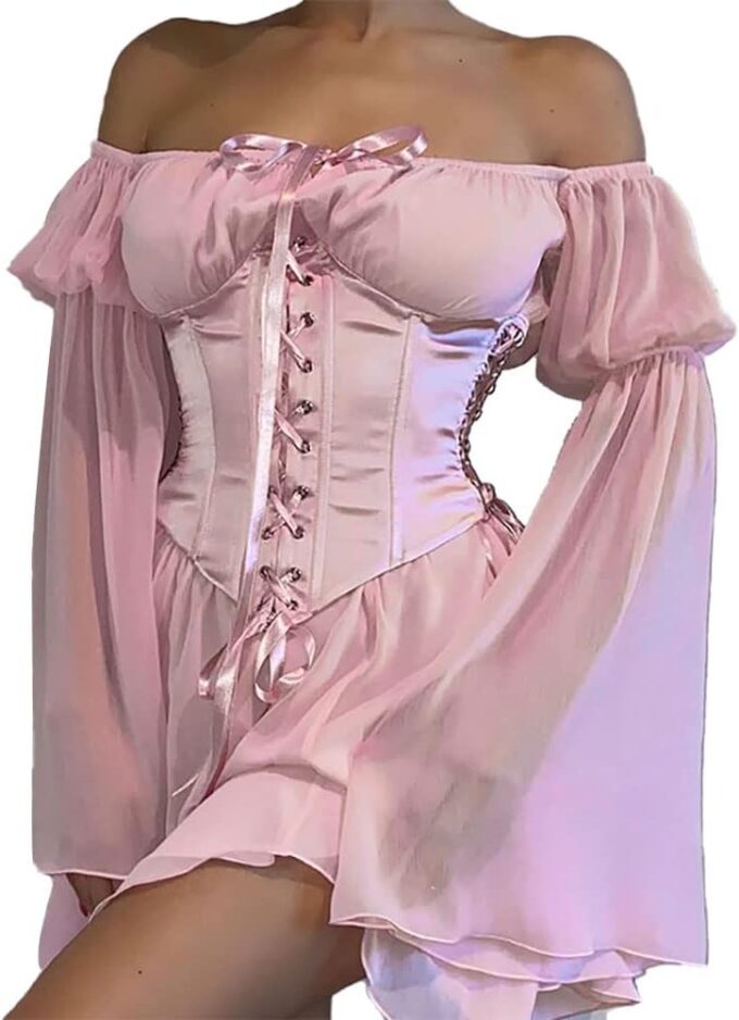 ETATNG Womens Two Piece Corset Dress Off Shoulder Bell Sleeve Summer Party Lace Up Bustier Dress