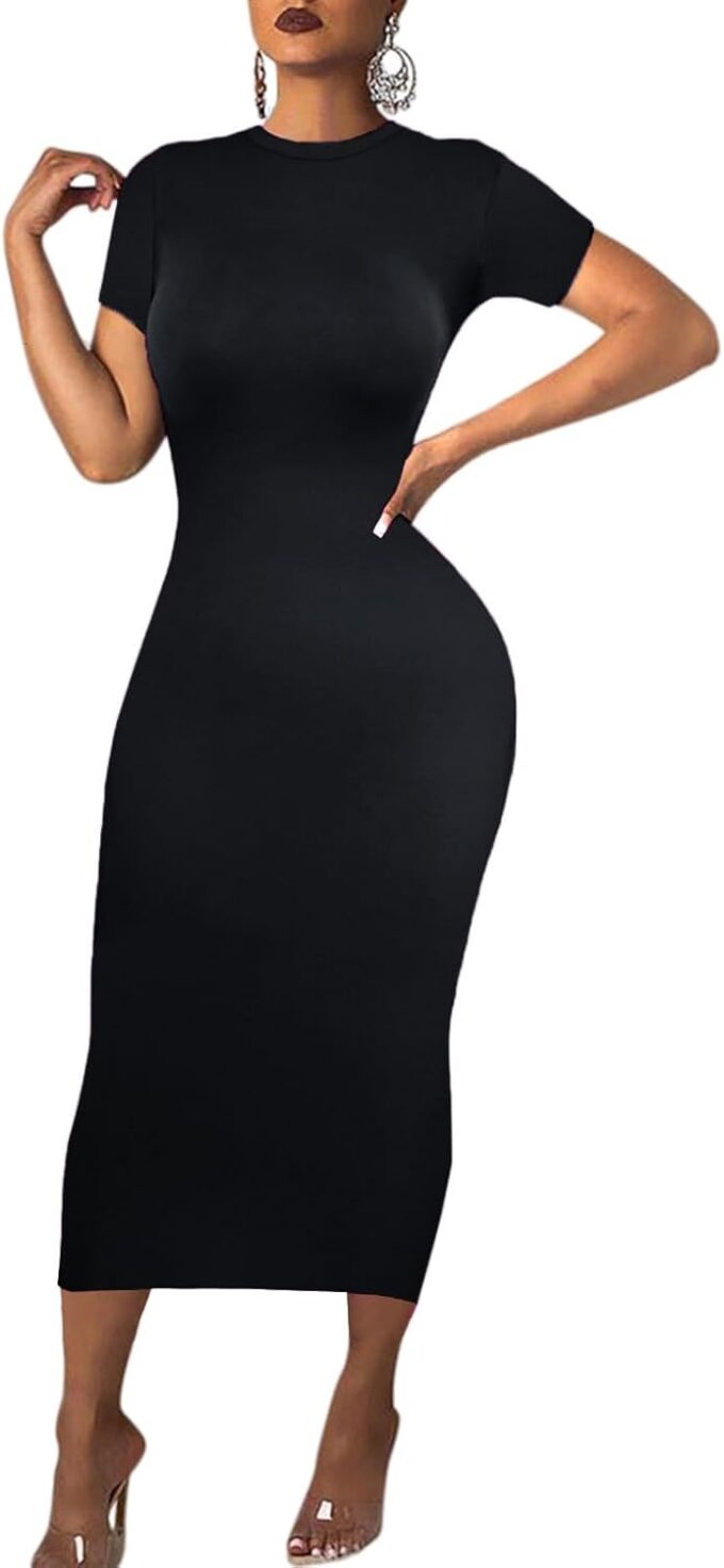 Women's Long Bodycon Dress - Summer Casual Short Sleeve Midi Club Party Fitted Tight Dresses