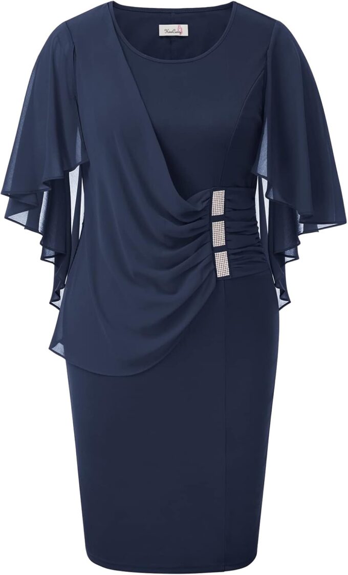 KIMCURVY Damen Große Größen Bleistiftkleid Rüsche Chiffon Cape Abendkleider mit Strass – Bild 8
