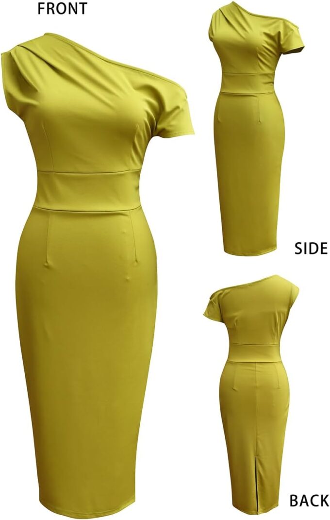 LILYIN Schulterfreies Damen-Bleistiftkleid mit gebänderter Taille, gerüscht, für Hochzeit, Gast, Cocktail, Party, figurbetont – Bild 5
