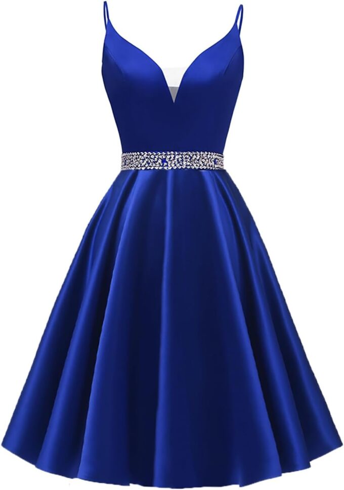 Satin Homecoming Dresses 2025 Spaghetti Straps Short Prom Dresses V-Neck Beaded Evening Formal Party Gowns