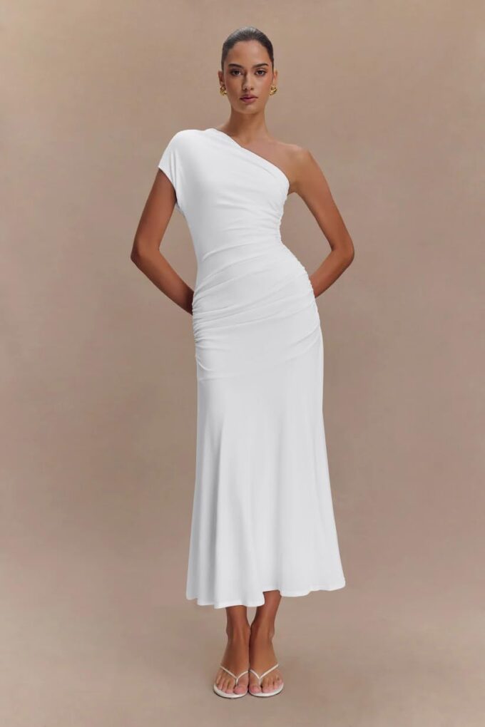 Memoriesea Women's Elegant One Shoulder Sleeveless Ruched Bodycon Cocktail Party Midi Dress – Bild 6