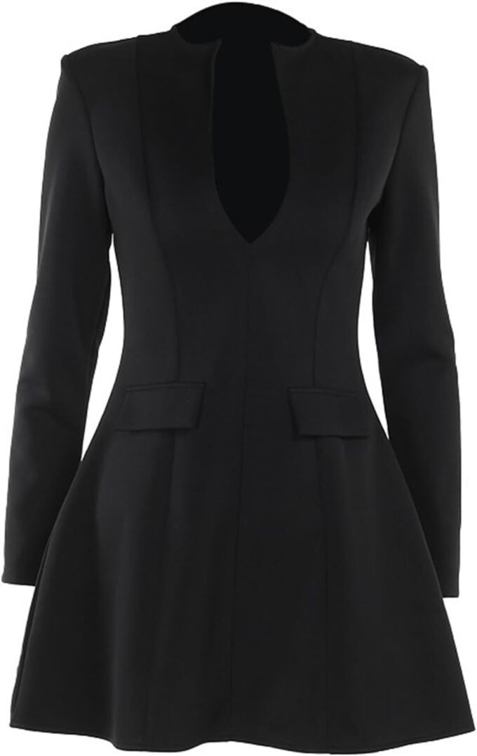 Black Deep V Neck Long Sleeve Zipper Back Sexy Slim fit Mini Dress Women Summer Fashion Clothes Party Night Club Dress – Bild 5