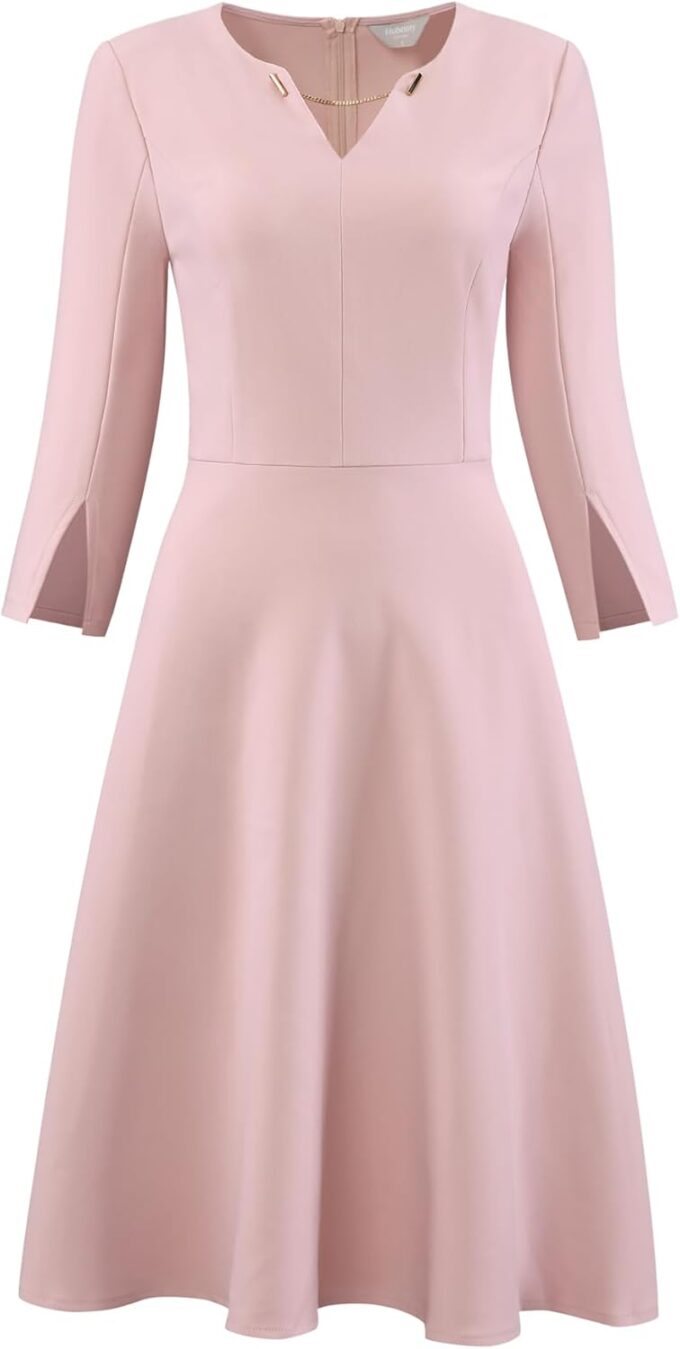 Hobemty Damen Flare Kleid V-Ausschnitt 3/4 Ärmel 2024 Elegant A-Linie Arbeitskleider